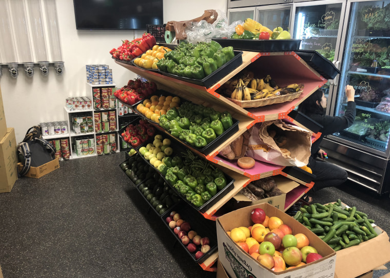 Produce stand inside the UC Berkeley Food Pantry.