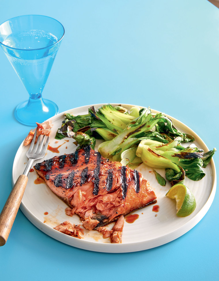 Soy-honey grilled salmon with umami roasted vegetables