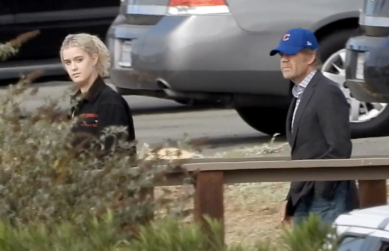 Image: William H. Macy and his daughter, Georgia, visit Felicity Huffman at a federal correctional facility in Dublin, Calif., on Oct. 19, 2019.