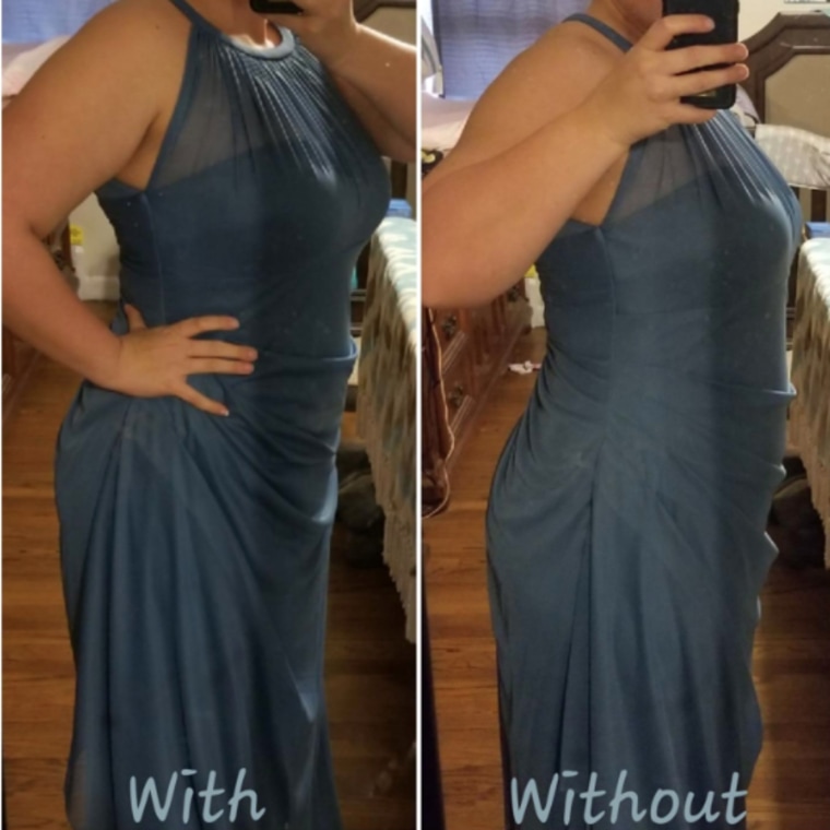 Before and after photo of a reviewer in a blue dress wearing the Robert Matthew Shapewear Tummy Control Shorts. 