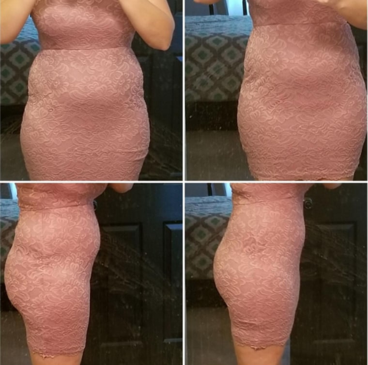 Before and after photo of a reviewer in a pink dress wearing the Robert Matthew Shapewear Tummy Control Shorts.