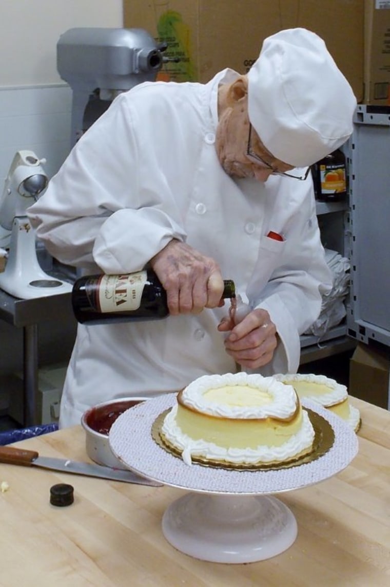 Ray Boutwell, 93, prepares a boozy cake in the kitchen of Ray's Boozy Cupcakes, which opened in September.