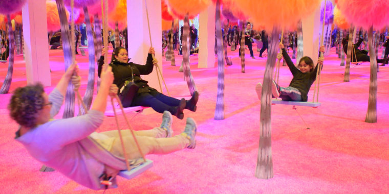 Children can swing on a Truffula tree from Dr. Seuss' "The Lorax."