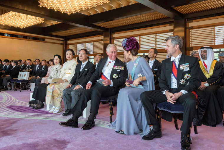 Image: Britain's Prince Charles chatting with Denmark's Crown Princess Mary and Crown Prince Frederik while attending Emperor Naruhito's enthronement ceremony.