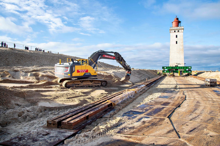 Image: The Rubjerg Knude lighthouse is seen during preparations for its translocation, in Rubjerg, Jutland, Denmark