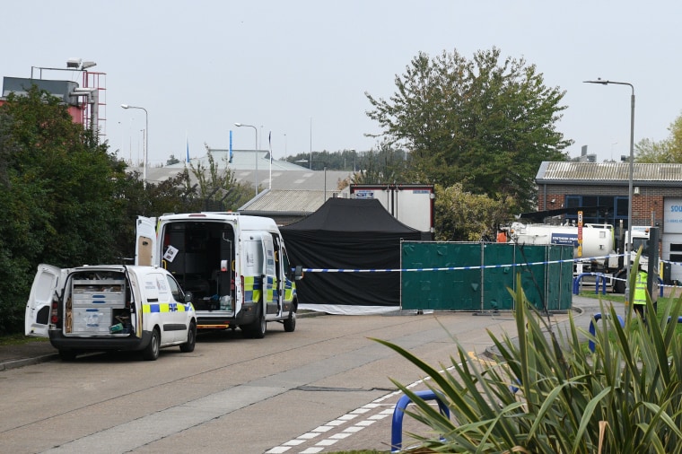 Image: A Police forensic investigation team are parked near the site where 39 bodies were discovered in the back of a lorry on Oct. 23, 2019 in Thurrock, England.