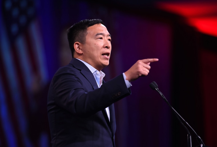 Image: Democratic Presidential hopeful Andrew US entrepreneur Andrew Yang speaks on-stage during the Democratic National Committee's summer meeting in San Francisco