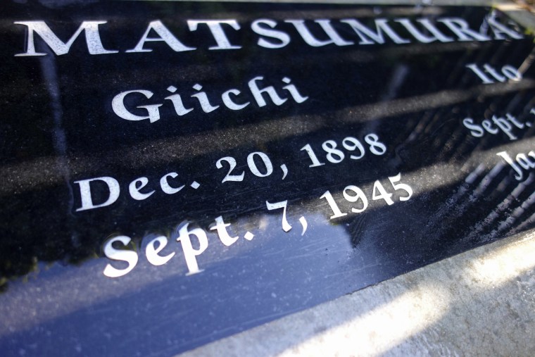 Image: A gravestone in Woodlawn Cemetery in Santa Monica, Calif., that marks the death of Giichi Matsumura, who died in the Sierra Nevada on a fishing trip while he was at the Japanese internment camp at Manzanar.