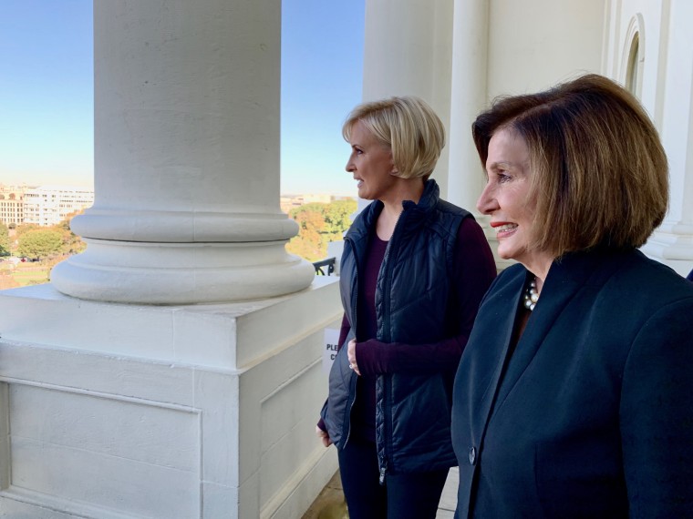 Mika Brzezinski stands with House Speaker Nancy Pelosi on the Speaker's Balcony on Capitol Hill on Thursday.