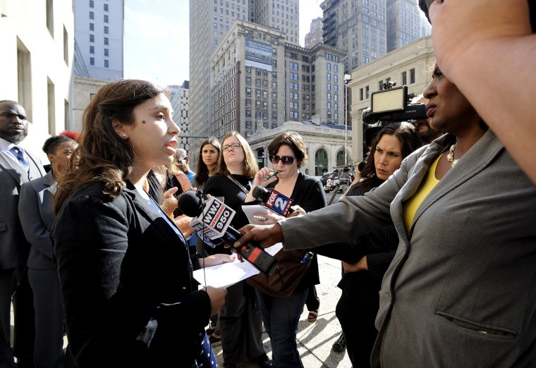 Renee Schenkman, a former teacher at Experiencia Preparatory Academy, speaks at a news conference in front of the federal courthouse in Detroit in September 2016.