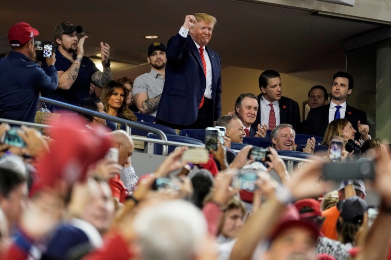 Image: U.S. President Donald Trump recognizes U.S. military personnel as the Washington Nationals and Houston Astros play in Game 5 of the World Series in Washington.