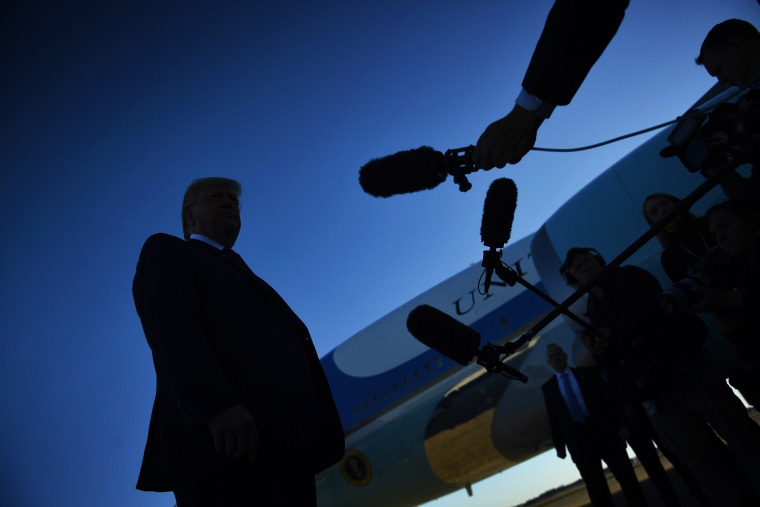 Image: President Donald Trump speaks to the press before boarding Air Force One on Oct. 28, 2019.