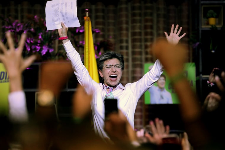 Image: Claudia Lopez celebrates after winning the mayoral election in Bogota, Colombia, on Oct. 27, 2019.