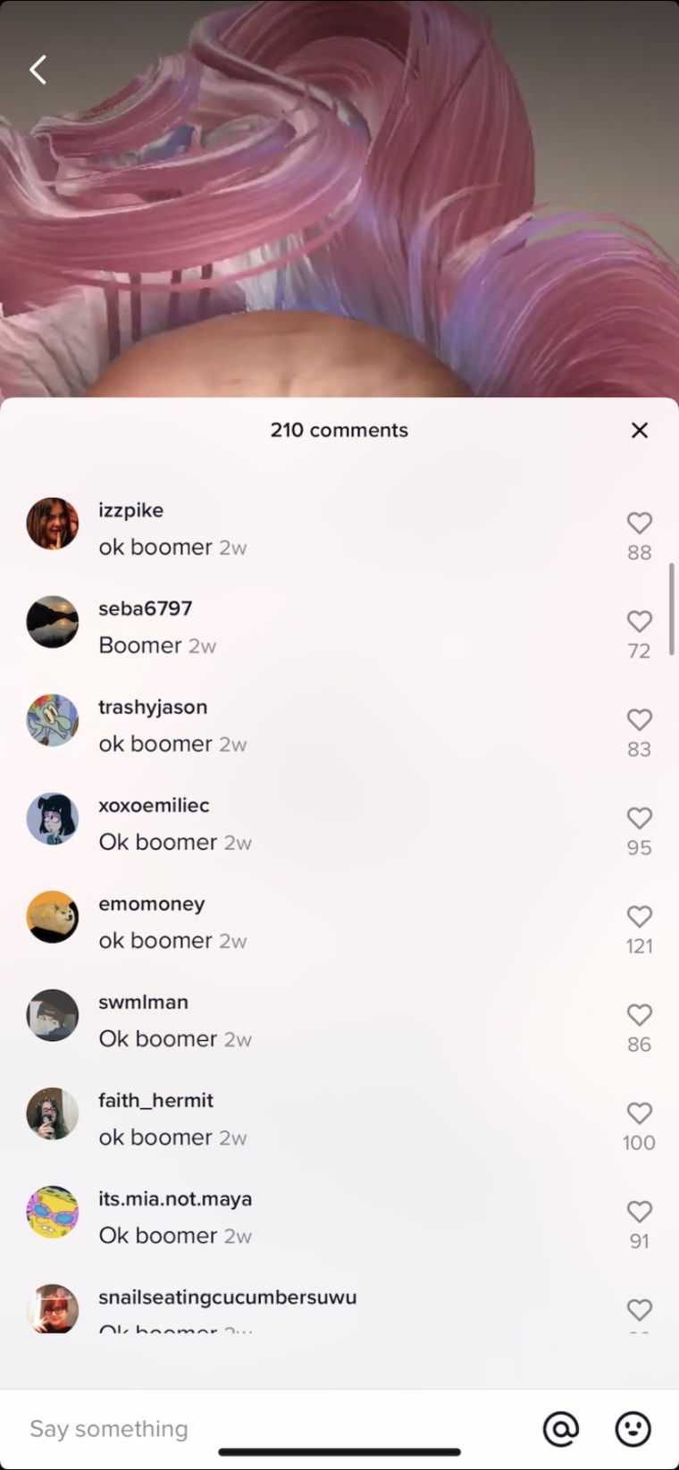 Image: TikTok screengrab of comments showing young people using the phrase "OK boomer."