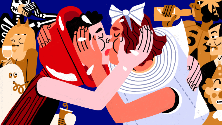 Illustration of couple dressed as a toilet plunger and toilet paper kissing and embracing.