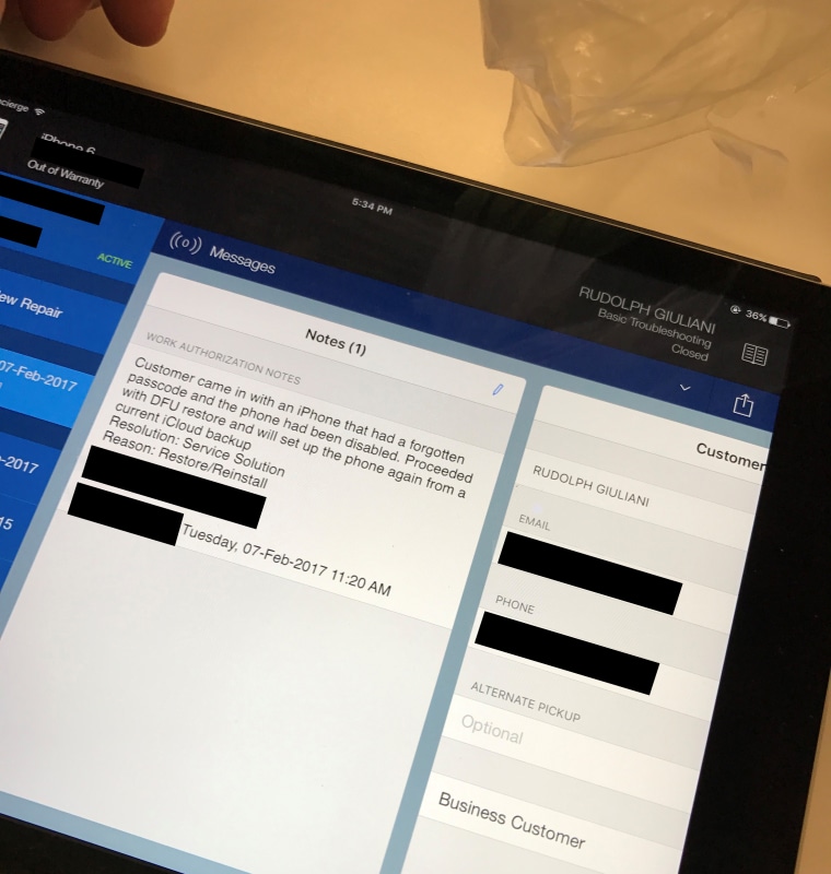Notes from an internal application that Apple uses for their service tickets show that Rudolph Giuliani came in with a disabled phone. Some personal information in the photo has been obscured by NBC News.