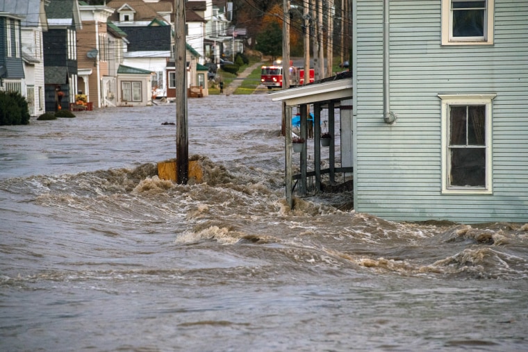 A flooded street in Dolgeville, N.Y., on Nov. 1, 2019. A series of storms from the Deep South to the Northeast caused flooding and, in some places, power outages on Halloween night.