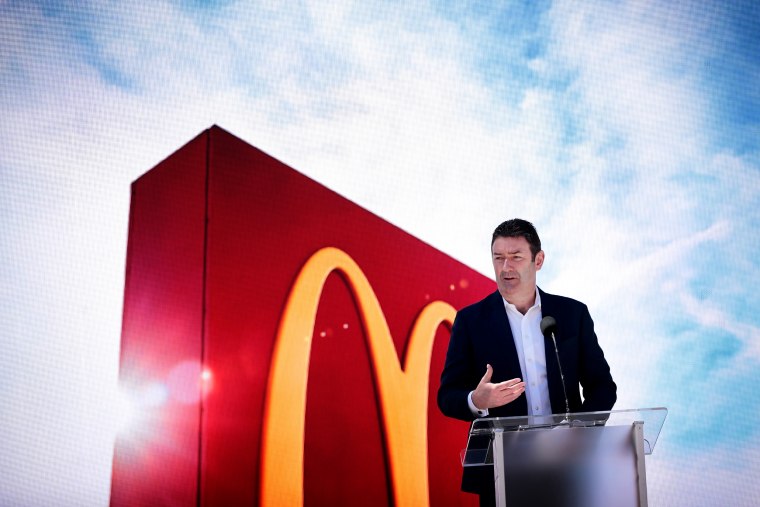 Image: McDonald's CEO Stephen Easterbrook speaks at a ceremony in Chicago on June 4, 2018.