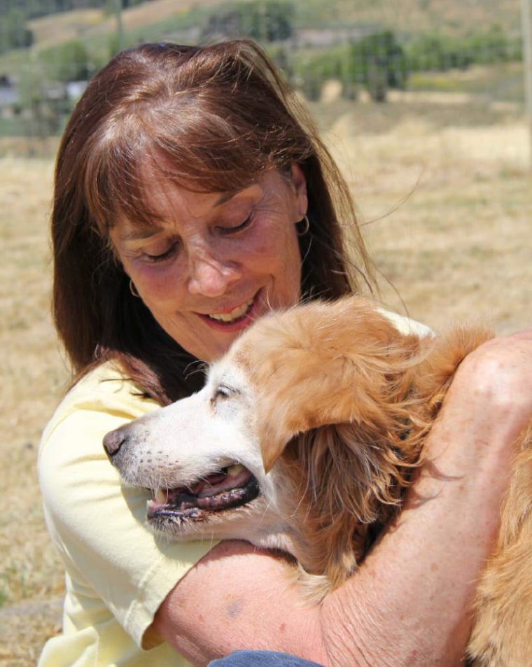 Alice Mayn created the nonprofit Lily's Legacy Senior Dog Sanctuary in 2008 to honor her late dog, Lily. Here, she hugs another beloved dog, Max.