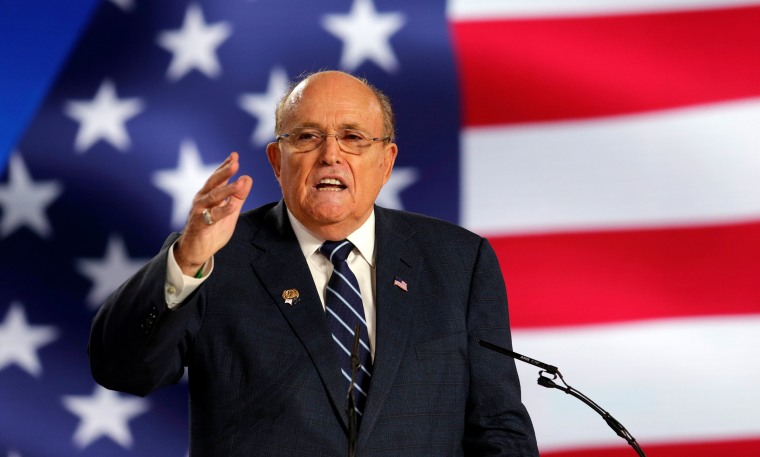 Image: Rudy Giuliani, former Mayor of New York City, speaks at an event in Manza, Albania