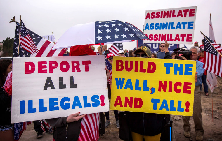 Image: Supporters of President Donald Trump rally before his visit to tour border wall prototypes in San Diego, Calif., on March 13, 2018.