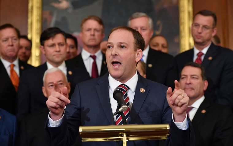 Image: Rep. Lee Zeldin of New York speaks during a press conference on the impeachment process at the Capitol.