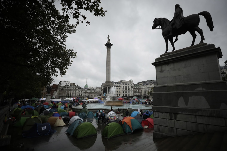 Image: Extinction Rebellion climate change protester tents are setup in Trafalgar Square, London,