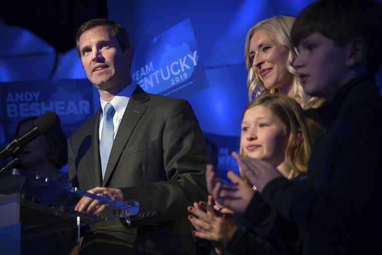 Image: Kentucky Attorney General Andy Beshear speaks at his election night party in Lousiville on Nov. 5, 2019. Beshear defeated the Republican incumbent for in the gubernatorial race.