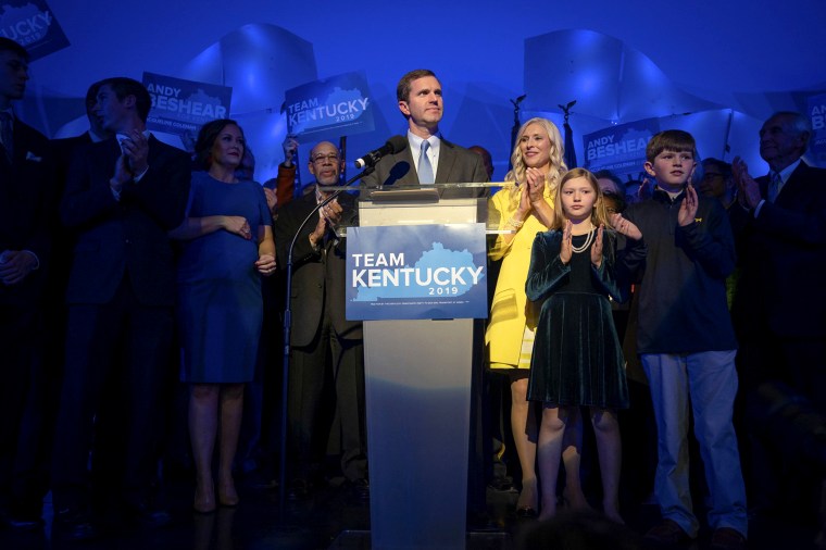 Image: Democratic gubernatorial candidate and Kentucky Attorney General Andy Beshear speaks at the Kentucky Democratic Party election night watch event in Louisville on Nov. 5, 2019.