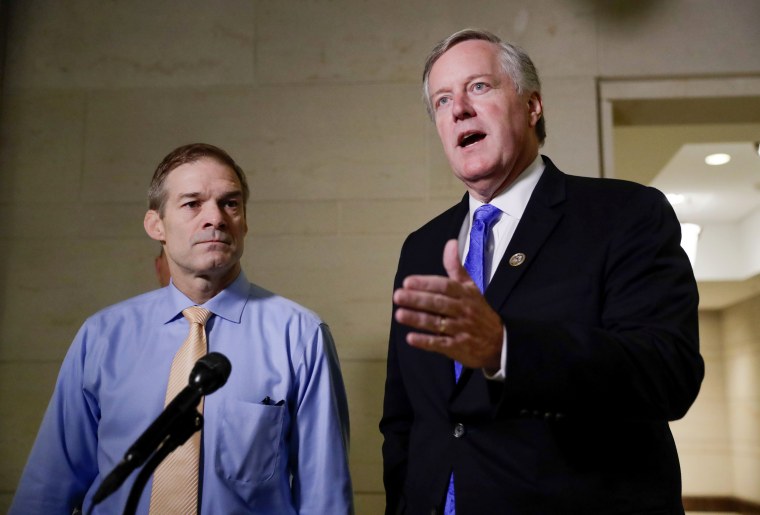 Image: Rep. Jim Jordan, R-Ohio, and Rep. Mark Meadows, R-N.C., speak to the media at the Capitol on Oct. 31, 2019.