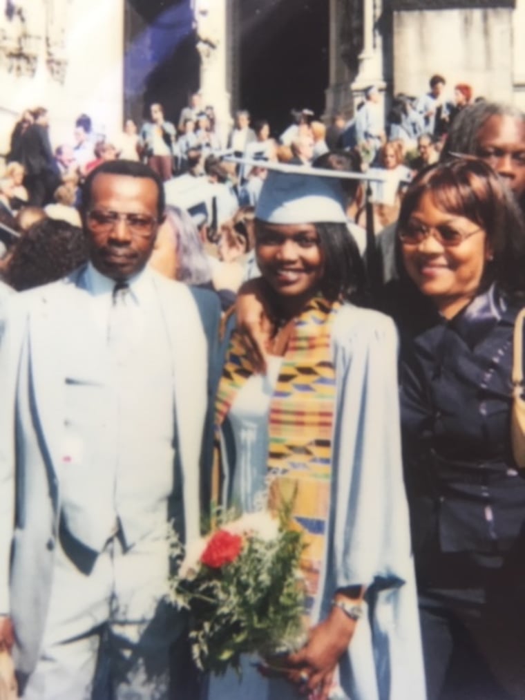 Karine Jean_Pierre in 2003 with her parents at her graduation from Columbia University's SIPA program.