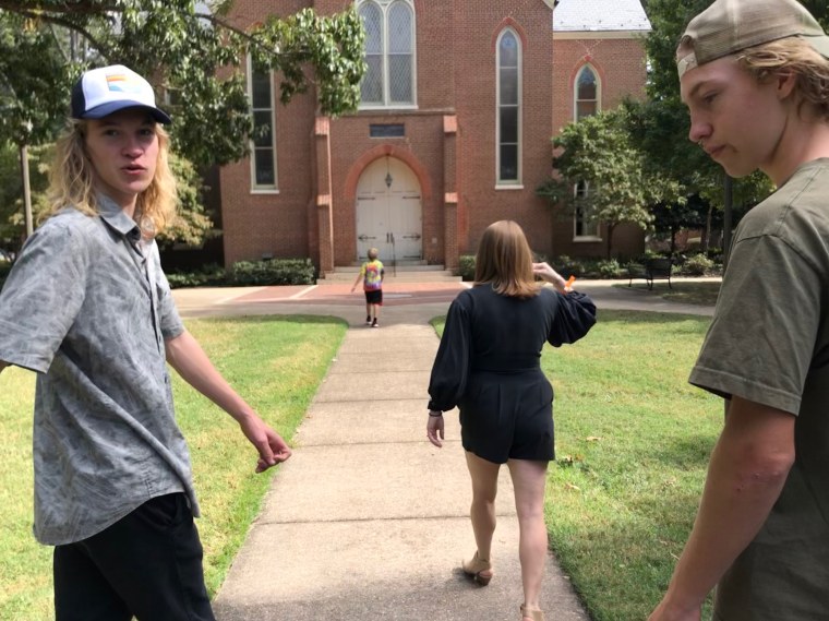 Jennifer Folsom with her twin sons Will and Josh at Randolph-Macon College in October 2019.
