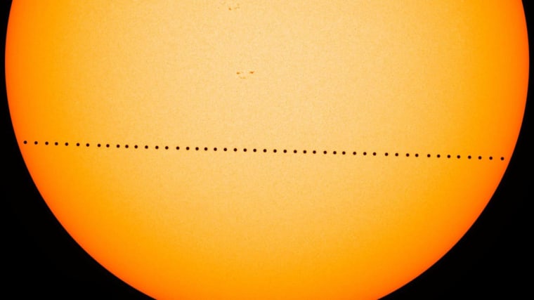 Mercury passes directly between the sun and Earth on May 9, 2016 in a transit which lasted seven-and-a-half-hours.