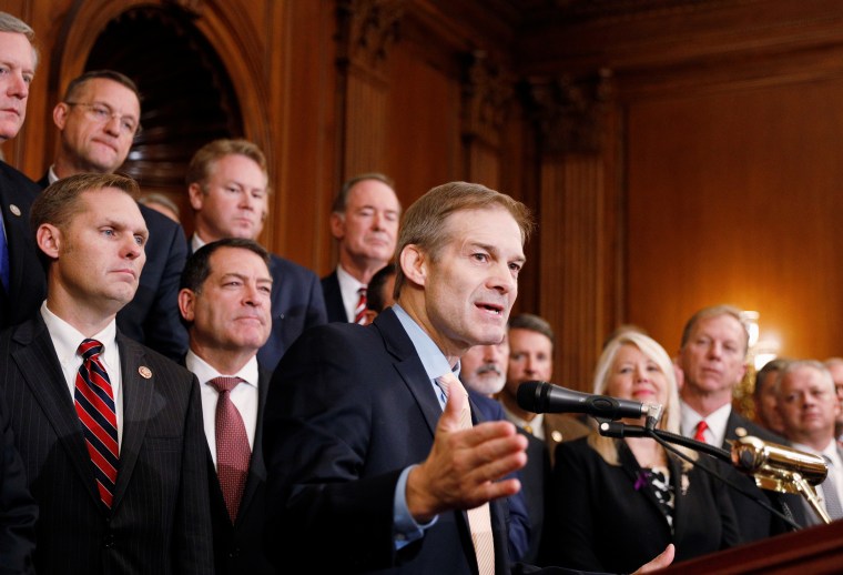 Rep. Jim Jordan (R-OH) delivers remarks during a news conference with members of Congress following a vote in favor of impeachment, in Washington