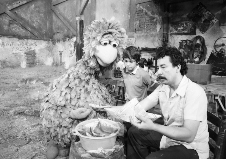 Abelardo, Big Bird's cousin, on the set of Mexico's \"Plaza S?samo,\" which debuted in 1973. It was one of dozens of Sesame Street productions that have run around the world.