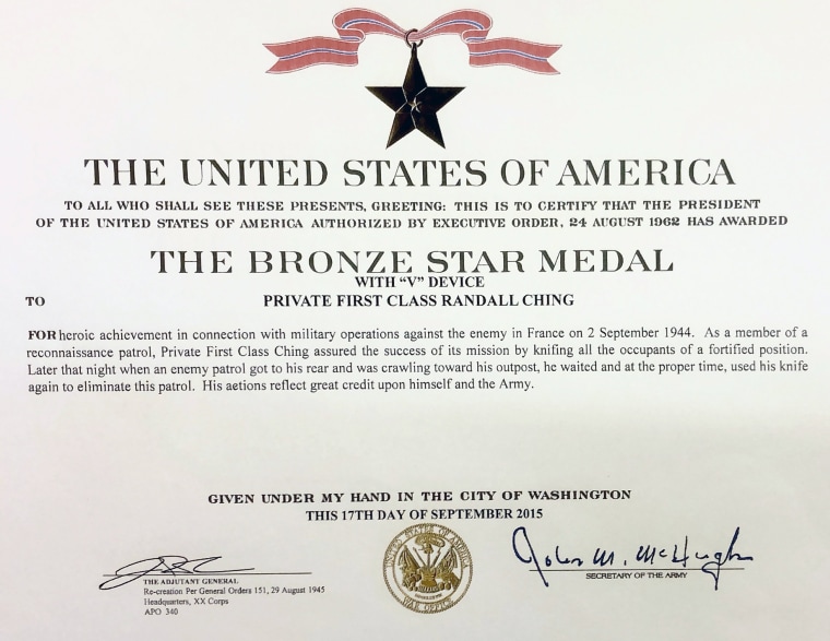 The Bronze Star Award given to Randall Ching.