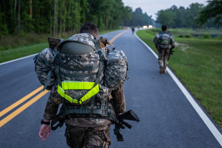 Soldiers take part in a 12-mile march in Fort Benning, Ga., wearing the sensors to measure their core temperatures and heart rates, the data which will be used as part of a larger study to prevent heat casualties.