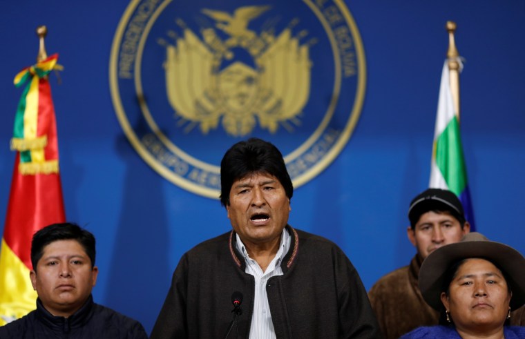 Image: Bolivia's President Evo Morales addresses the media at the presidential hangar in the Bolivian Air Force terminal in El Alto