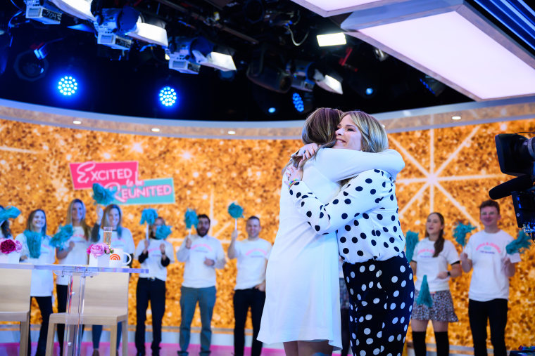 Jenna Bush Hager and Hoda Kotb shared a hug when they reunited Monday on TODAY with Hoda and Jenna.