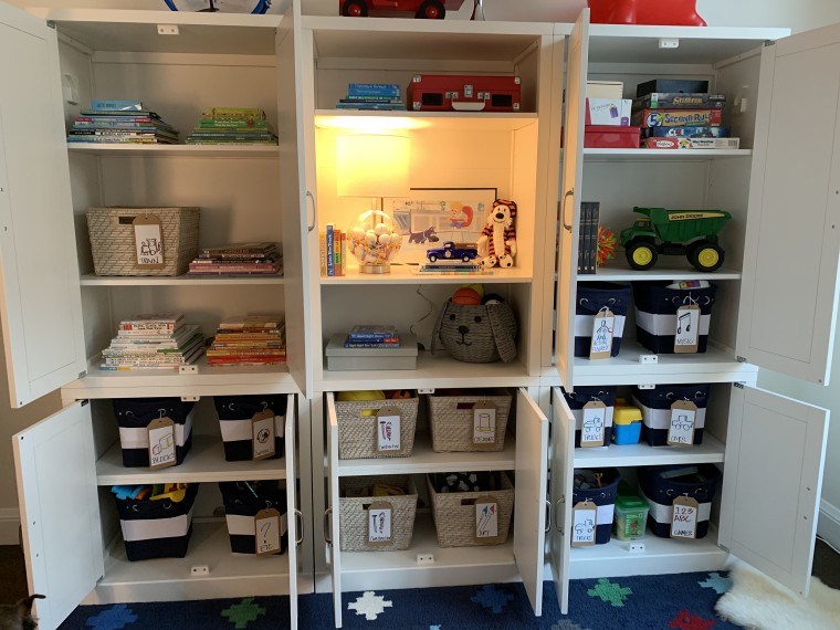 Calvin has plenty of drawers and closet space for his stuffed animals, toy truck and games.