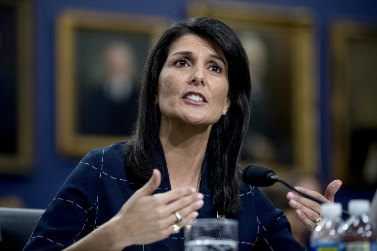 Image: U.S. Ambassador to the United Nations Nikki Haley speaks on Capitol Hill in 2017.