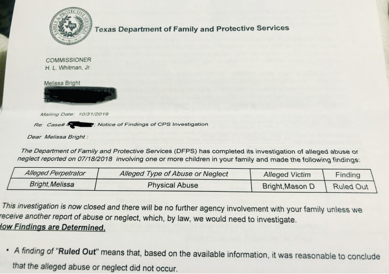 A letter received by the Brights from CPS says that alleged abuse or neglect was "Ruled Out."