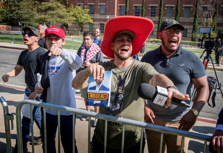 Image: Supporters of President Donald Trump yell at counter protesters outside of a book promotion for Donald Trump Jr. at UCLA in Westwood, Calif., on Nov. 10, 2019.