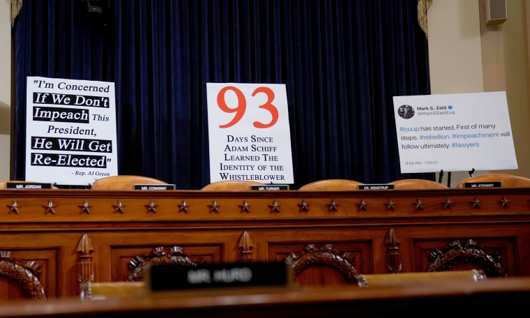 Image:  Signs placed by Republicans at the first public impeachment hearings on Capitol Hill on Nov. 13, 2019.