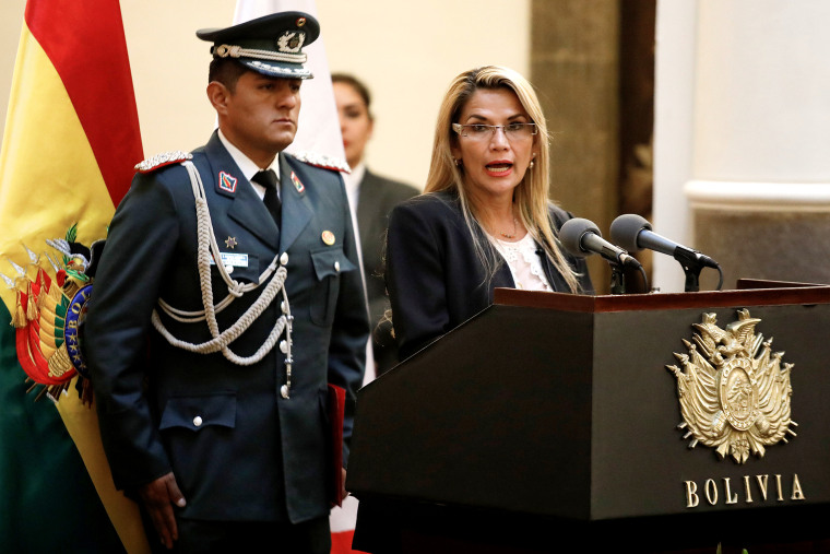Image: Bolivian Interim President Jeanine Anez speaks during a swearing-in ceremony for Rodolfo Montero as new Commander of the Bolivian Police, in La Paz