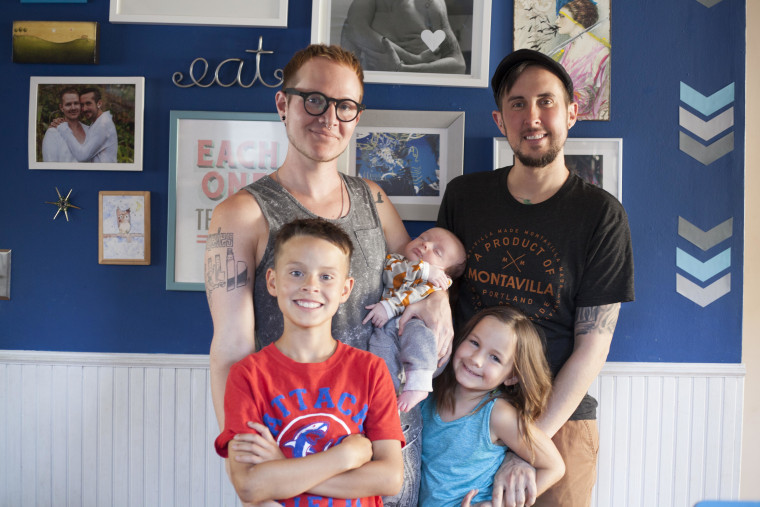 Trystan Reese, right, and Biff Chaplow with their children, from left, Riley, Leo and Hailey, in 2017.
