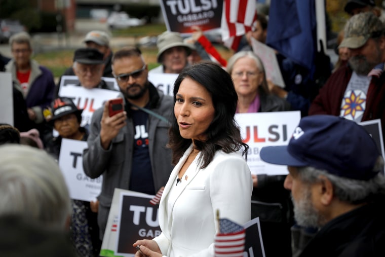 Image: U.S. Democratic Presidential candidate Tulsi Gabbard greets supporters after filing declaration of candidacy for  2020 New Hampshire primary election in Concord