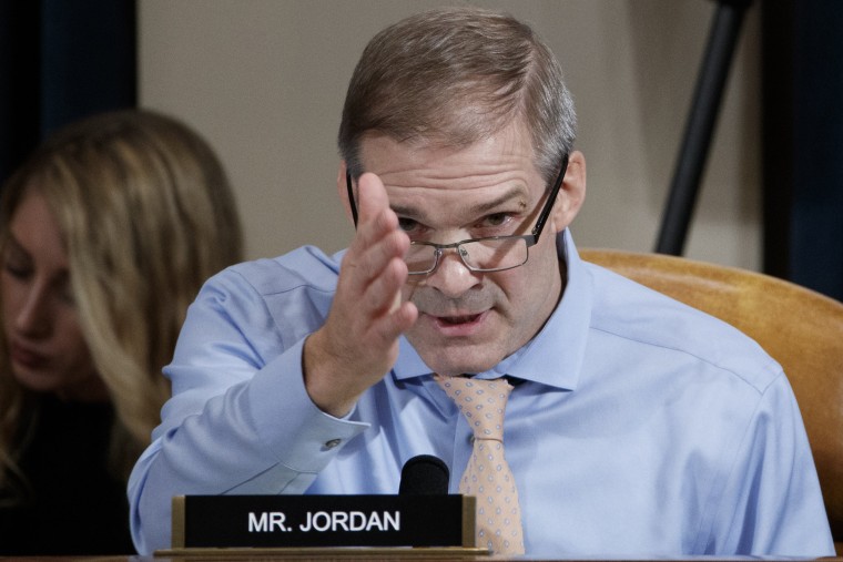 Rep. Jim Jordan, R-Ohio, questions Lt. Col. Alexander Vindman and Jennifer Williams during testimony before the House Intelligence Committee on Nov. 19, 2019.