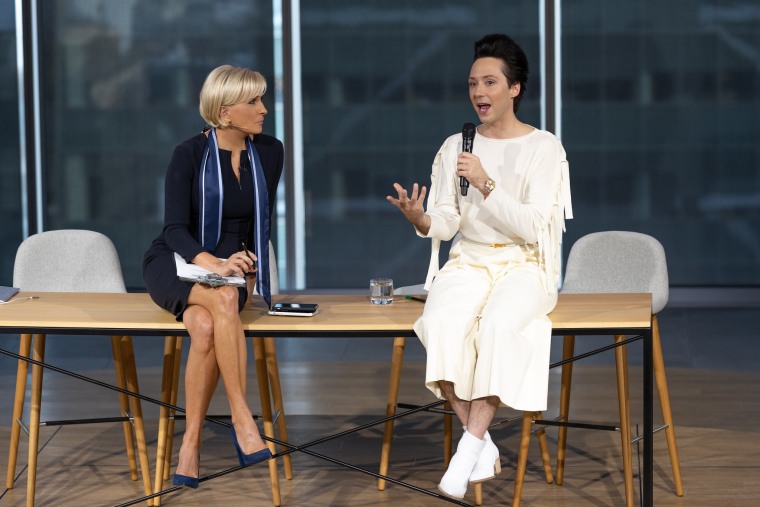 Know Your Value founder and "Morning Joe" co-host Mika Brzezinski with figure skating champion Johnny Weir at a Know Your Value event in Philadelphia on Tuesday.