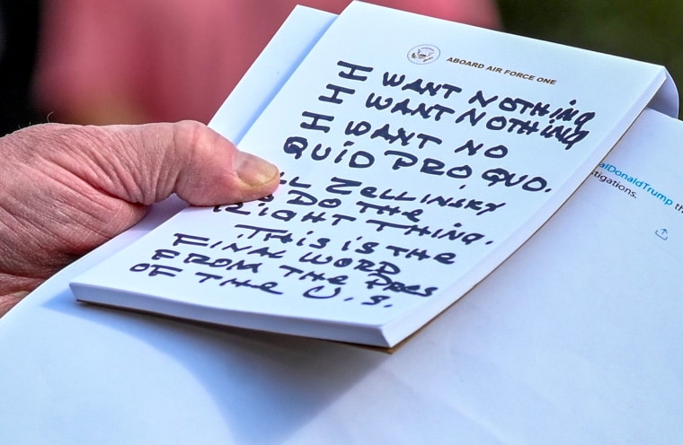 Image: President Donald Trump holds notes on Ambassador Gordon Sondland's testimony as he departs the White House on Nov. 20, 2019.